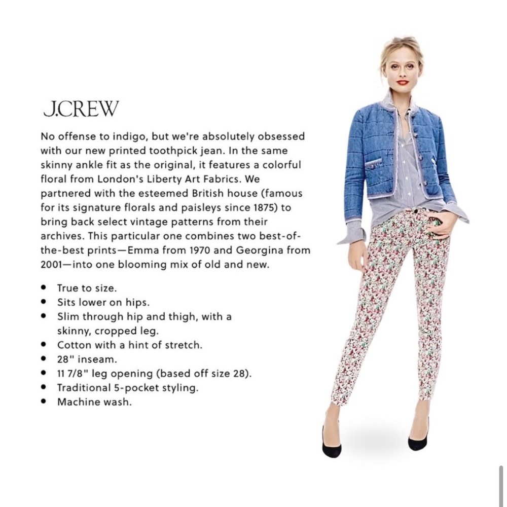 J.Crew Liberty Art Fabrics Emma & Georgina Floral Toothpick Skinny Ankle Jeans - Picture 7 of 8